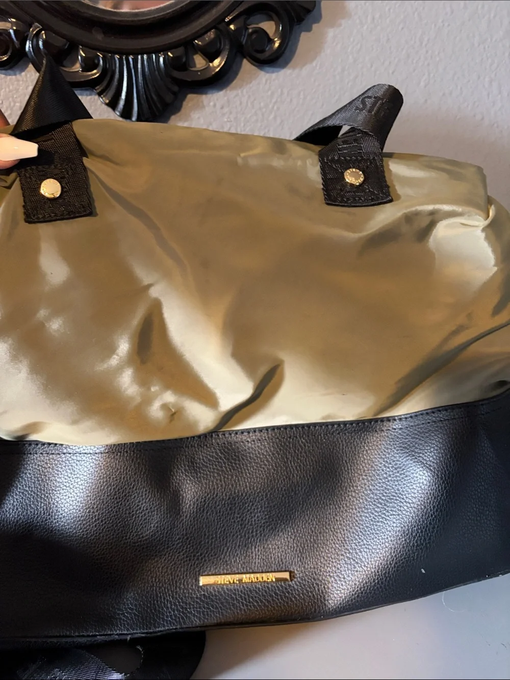 Steve Madden Olive Green and Black Logo Duffel Bag